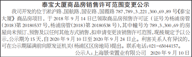 商品房销售许可范围变更公示