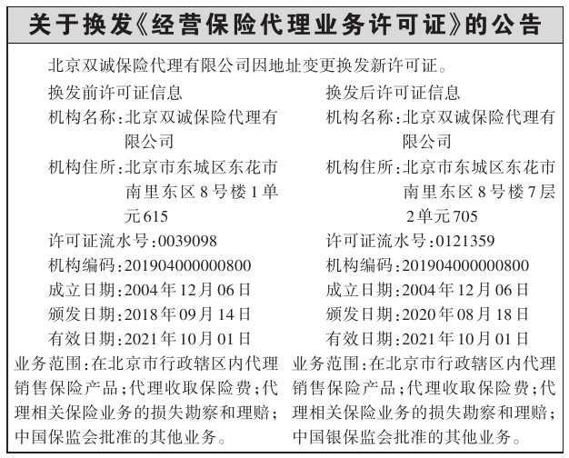 关于换发经营保险代理业务许可证的公告