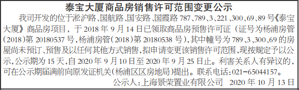 商品房销售许可范围变更公示