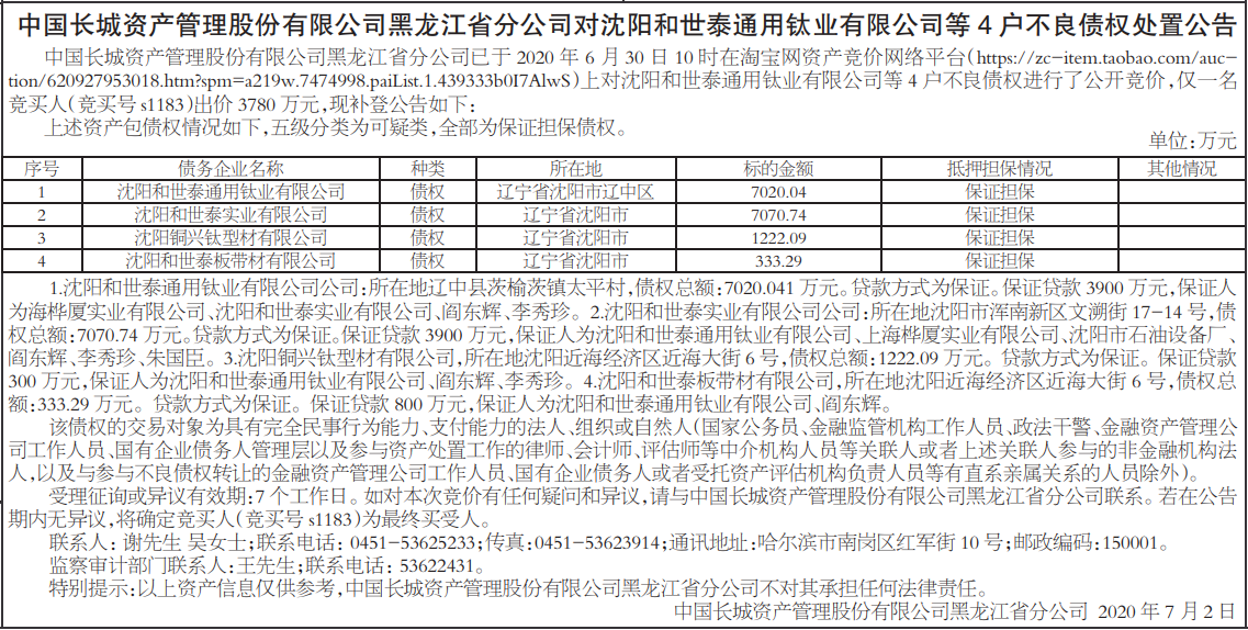 不良债权处置公告