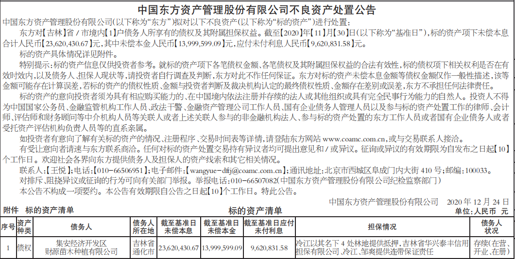 不良资产处置公告