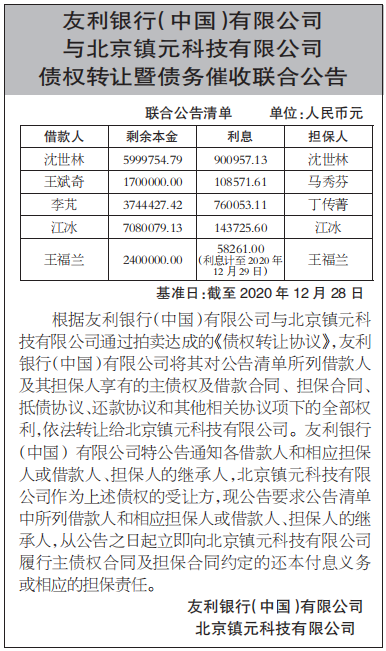 债权转让暨债务催收联合公告