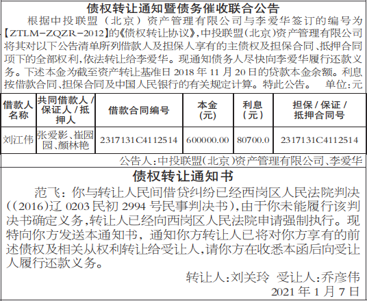 债权转让通知暨债务催收联合公告