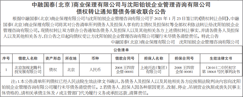 债权转让通知暨债务催收联合公告