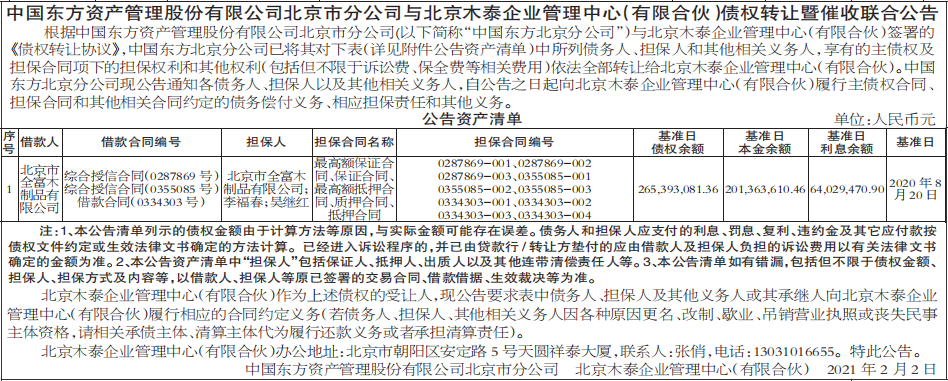 债权转让暨催收联合公告