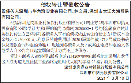 债权转让暨催收公告