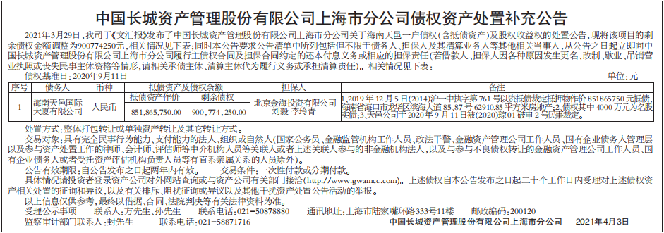 债权资产处置公告