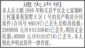 购房合同及收据遗失声明