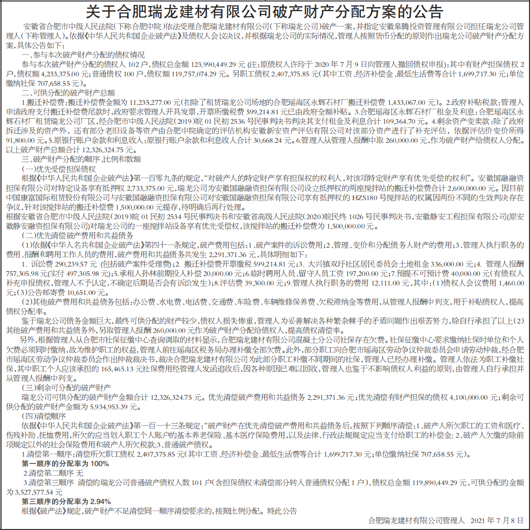 破产财产分配方案的公告