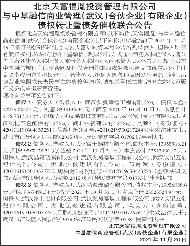 债权转让暨债务催收联合公告