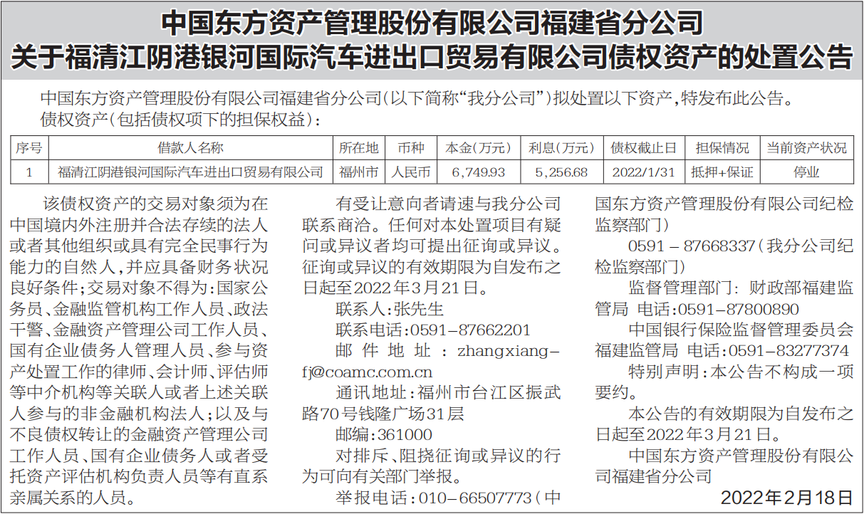债权资产的处置公告