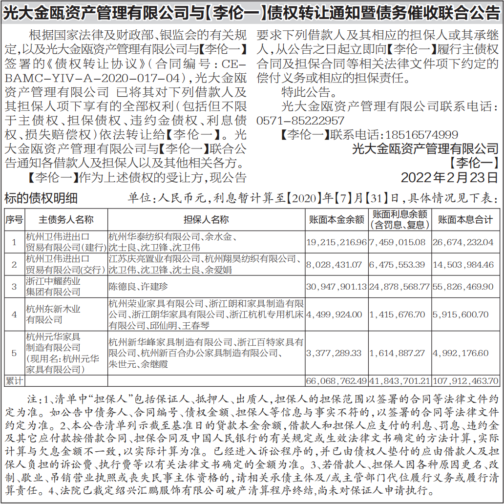 债权转让通知暨债务催收联合公告