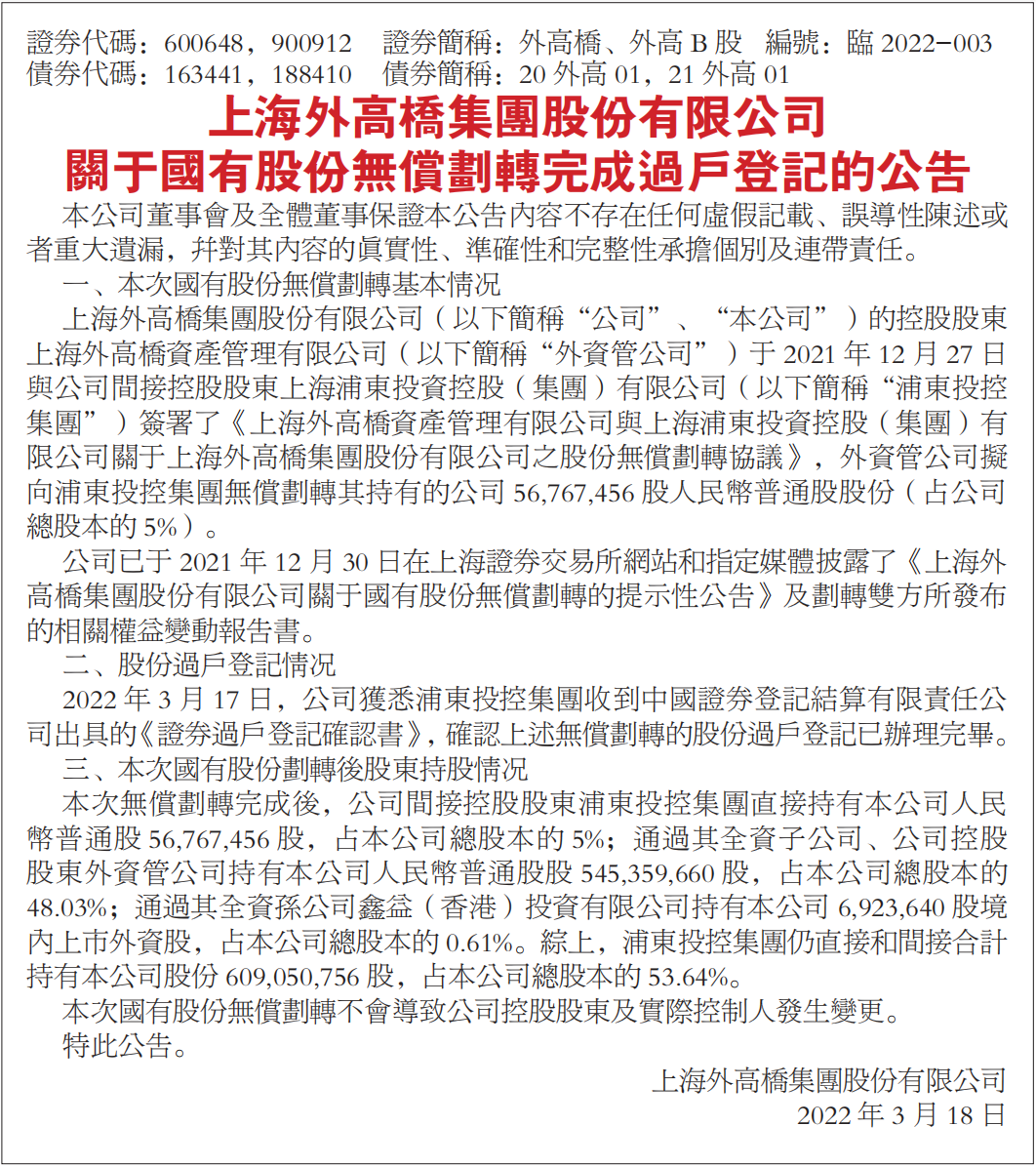关于国有股份无偿划转完成过户登记的公告
