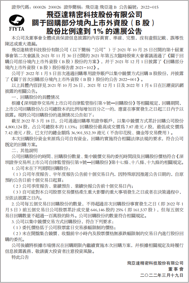 关于回购部分境内上市外资股股份比例的进展公告