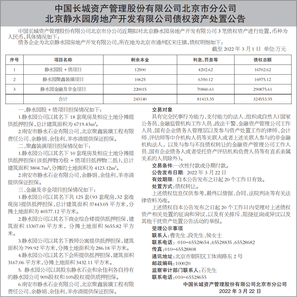 债权资产处置公告