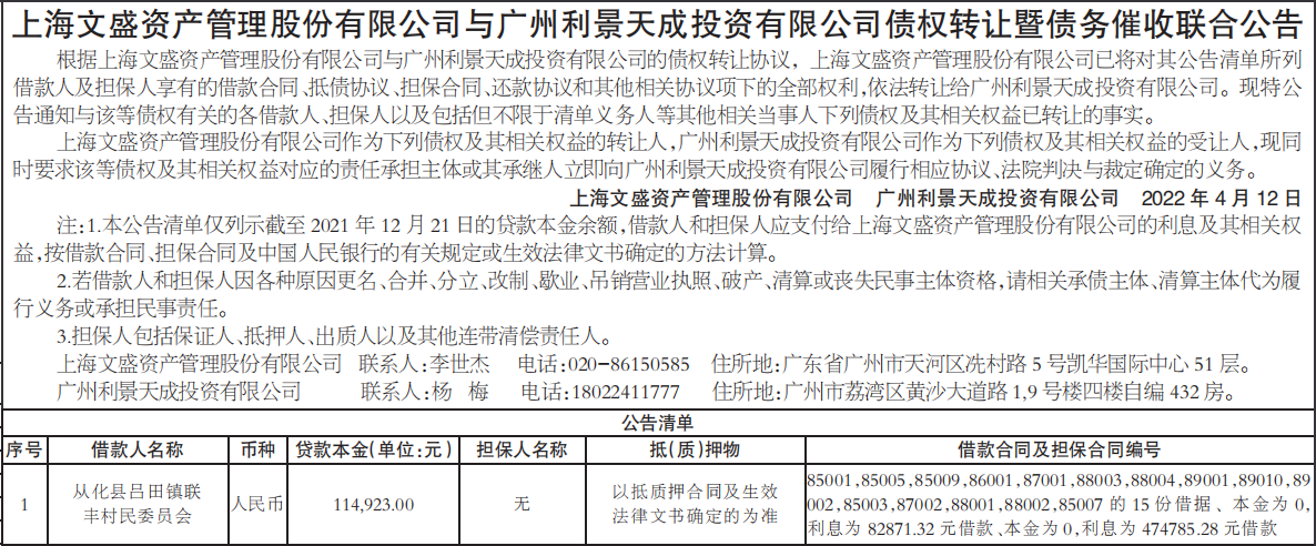 债权转让暨债务催收联合公告