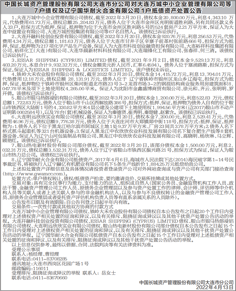 债权抵债资产处置公告
