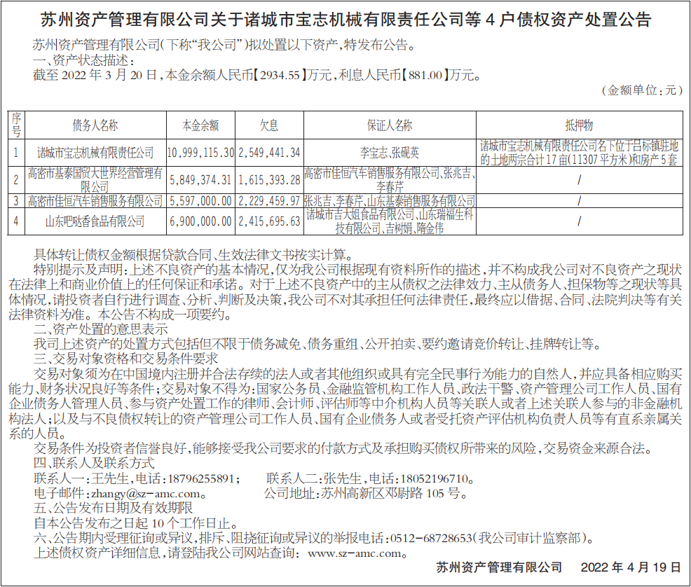债权资产处置公告