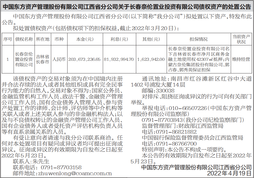 债权资产的处置公告