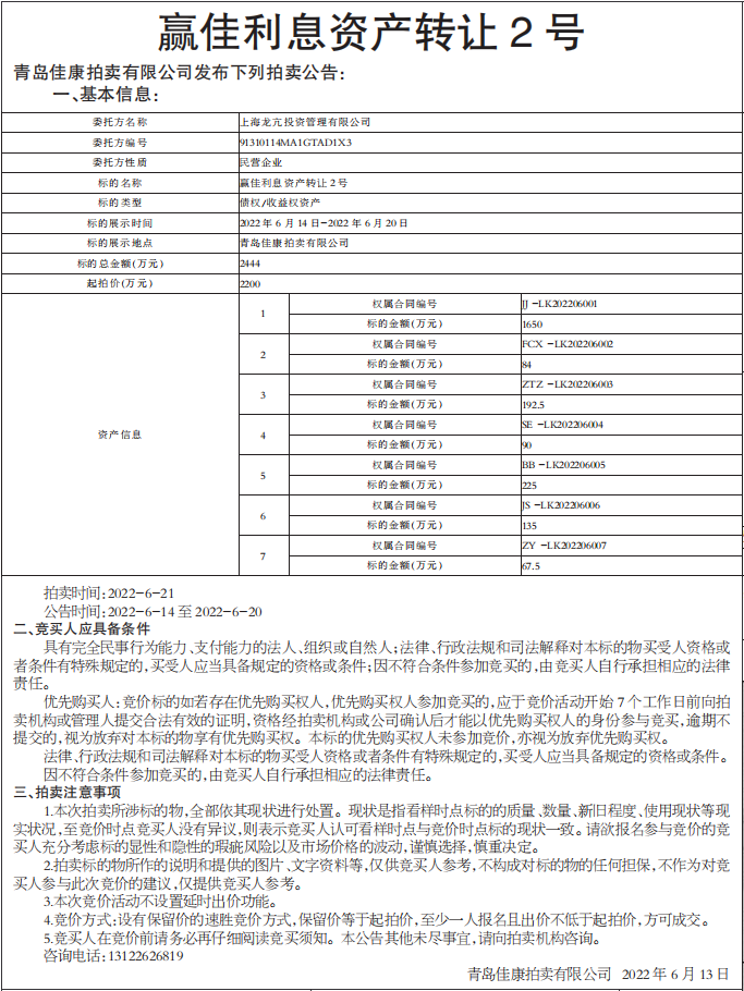 利息资产转让拍卖公告