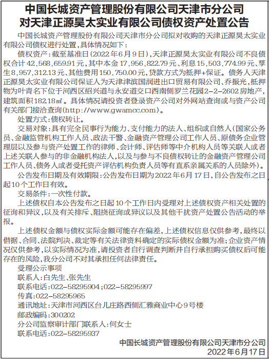 债权资产处置公告