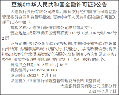 更换《中华人民共和国金融许可证》公告