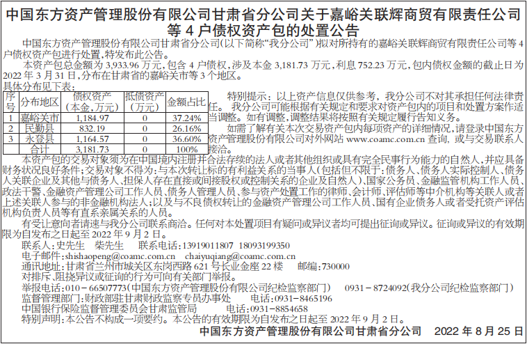 债权资产包的处置公告
