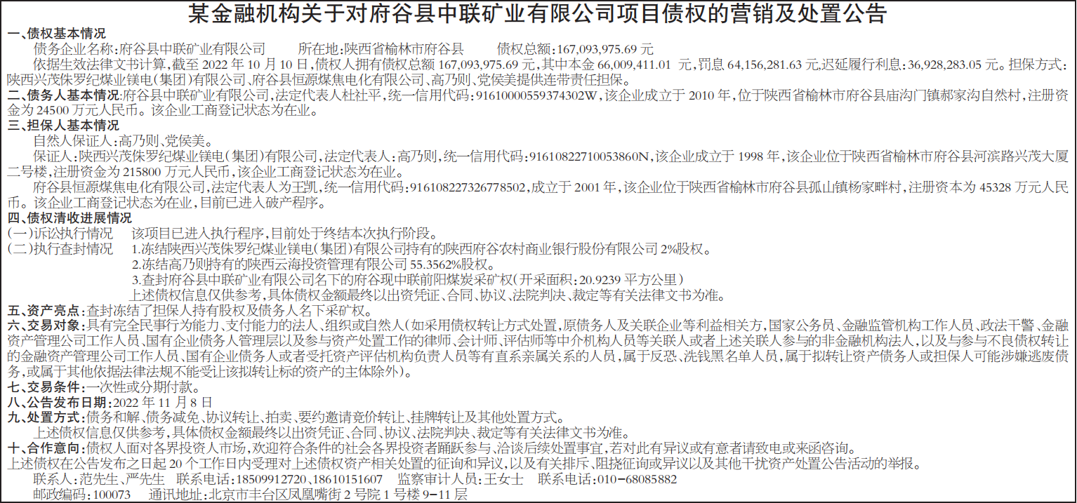 金融机构关于对矿业有限公司项目债权的营销及处置公告
