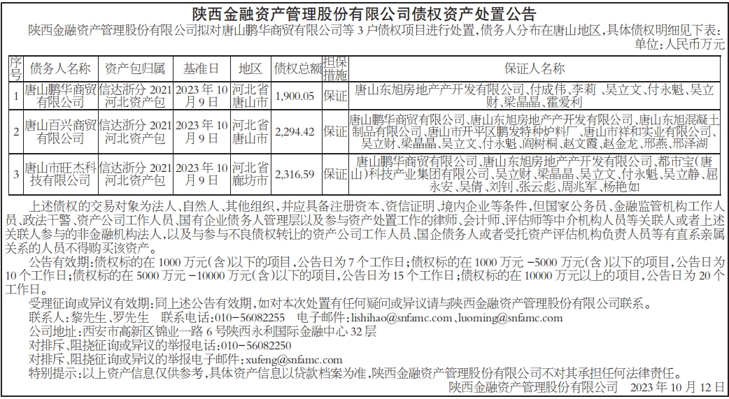 债权资产处置公告