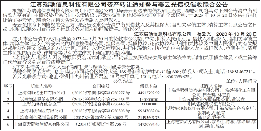 资产转让通知暨与姜云光债权催收联合公告