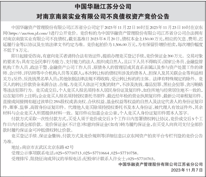 不良债权资产竞价公告
