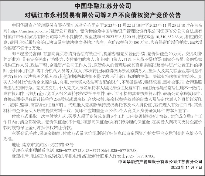 不良债权资产竞价公告