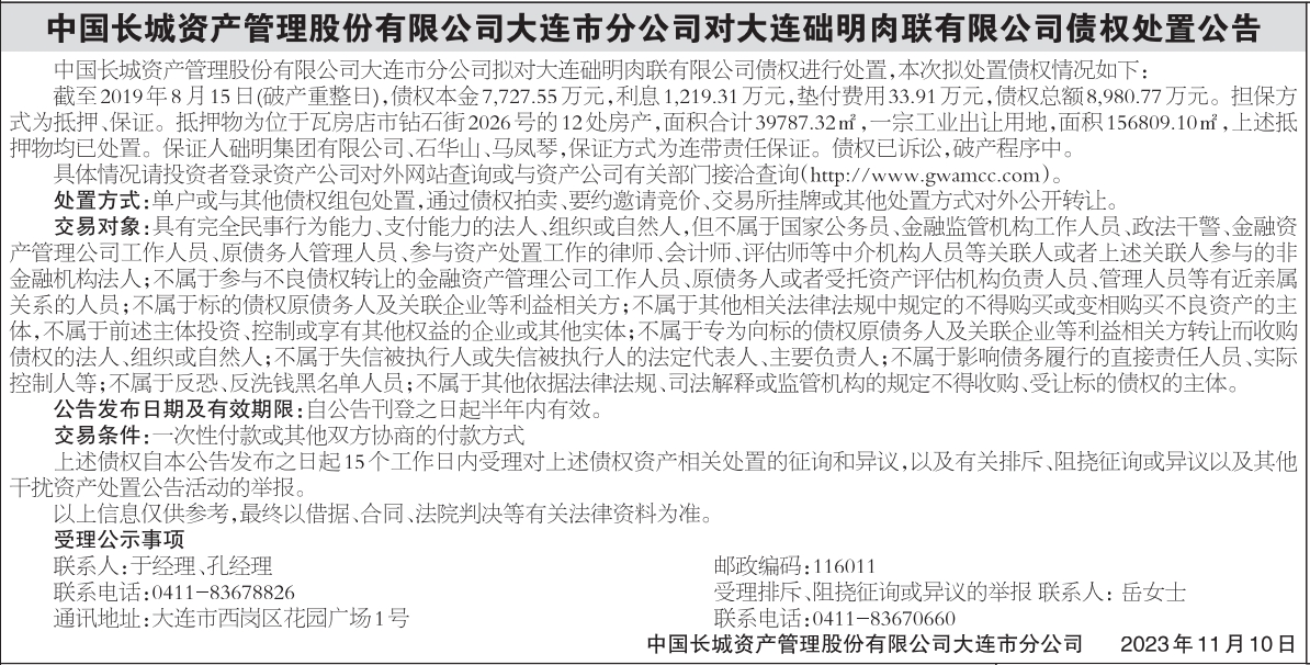 债权处置公告